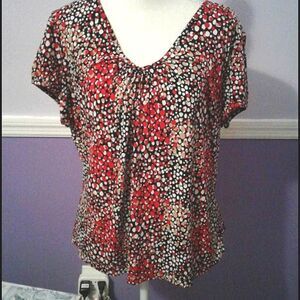 Worthington Black & Red Dots Pleated Flowy Short Sleeve Jersey Top 1X